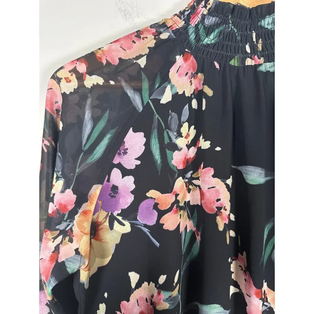 YUMI KIM Black Floral Class Act Lake Side Long Sleeve Tiered Mini Dress Size S
